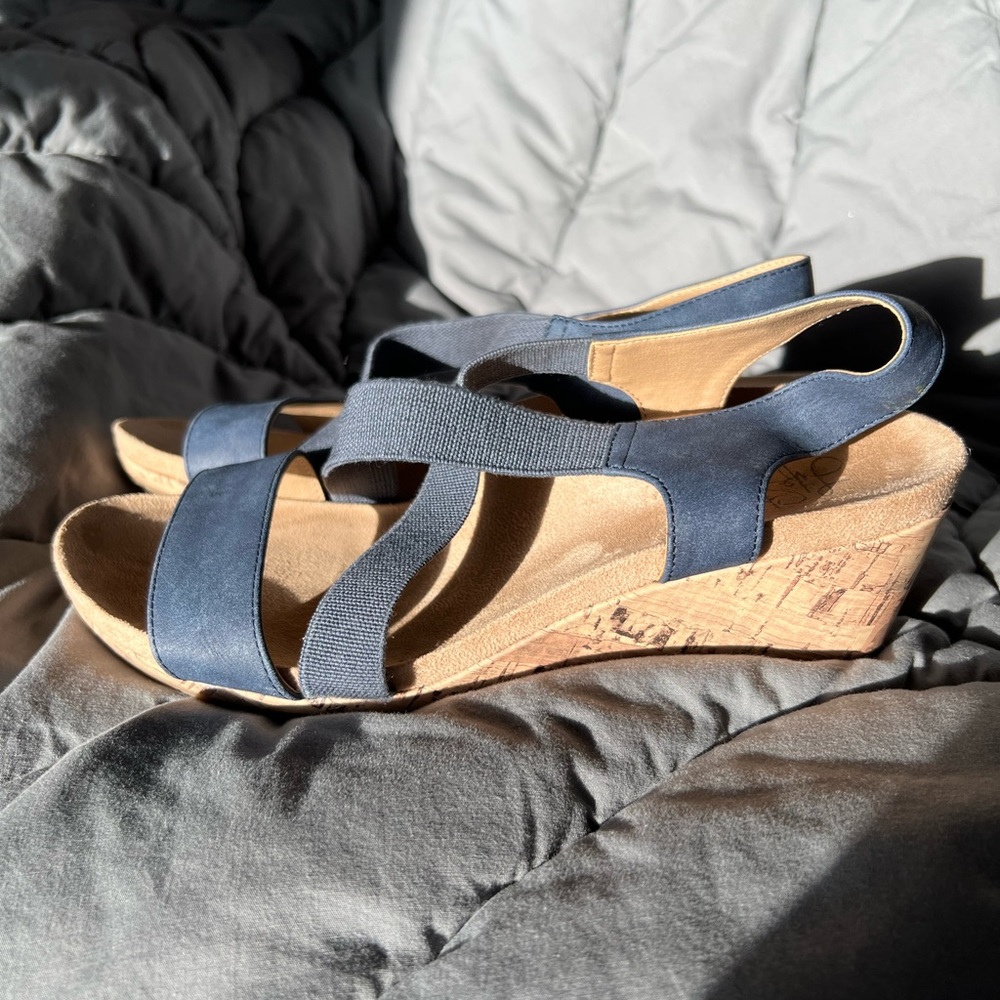 LifeStride Soft System Women’s Mexico Wedge Sandal Blue Brown Tan Size 8 NWOT
